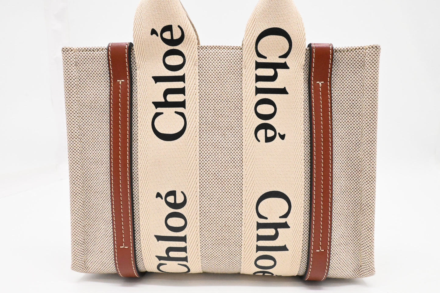 Chloe Woody Small Tote in Beige Canvas