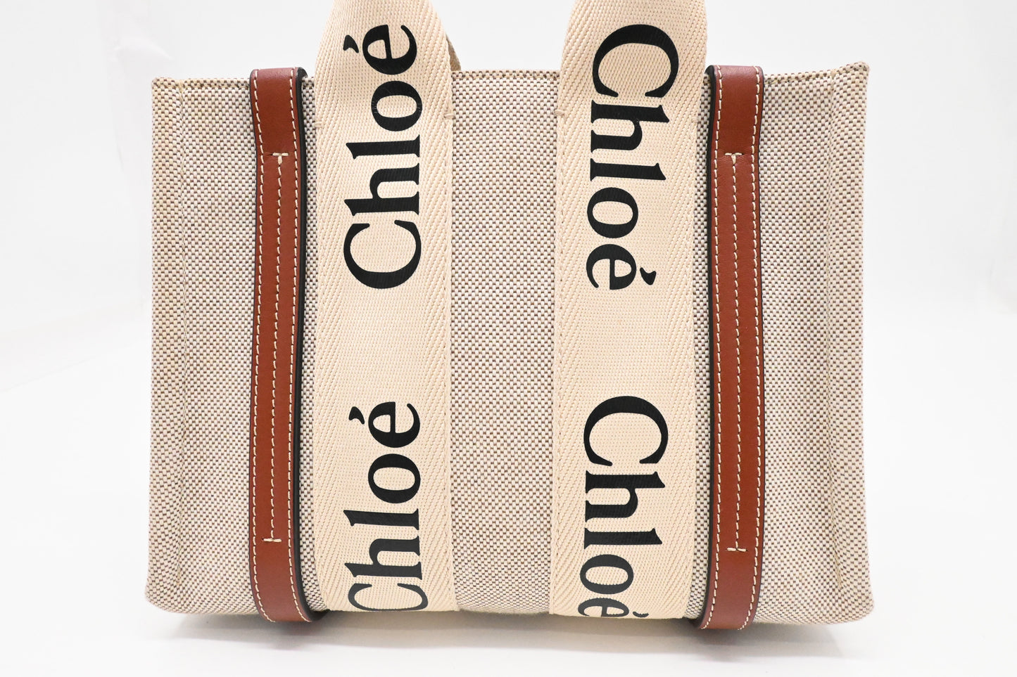 Chloe Woody Small Tote in Beige Canvas
