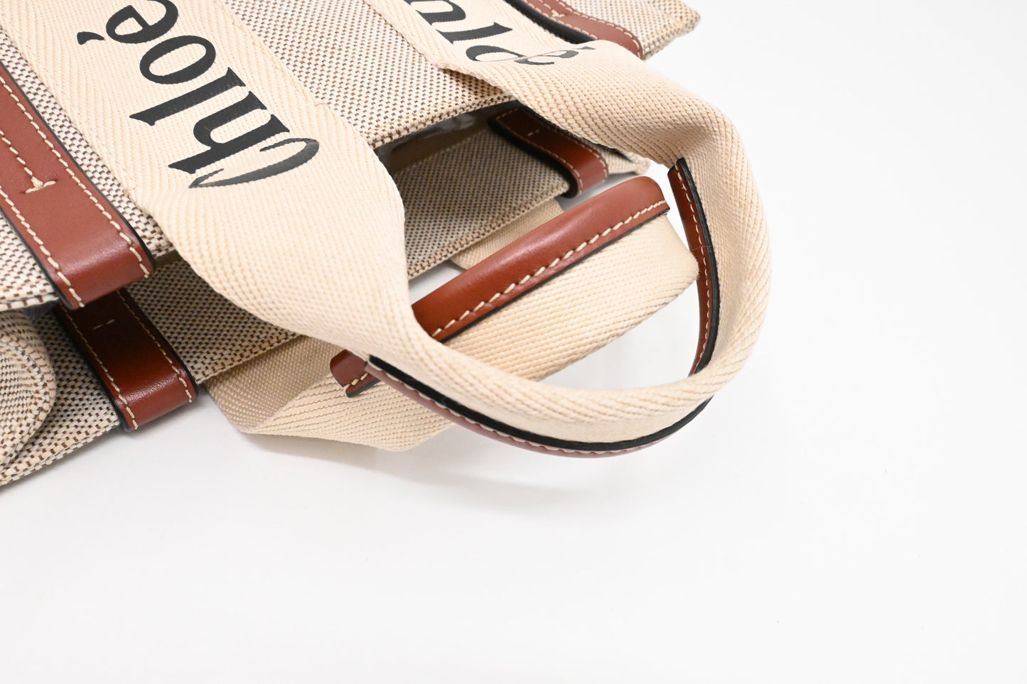 Chloe Woody Small Tote in Beige Canvas