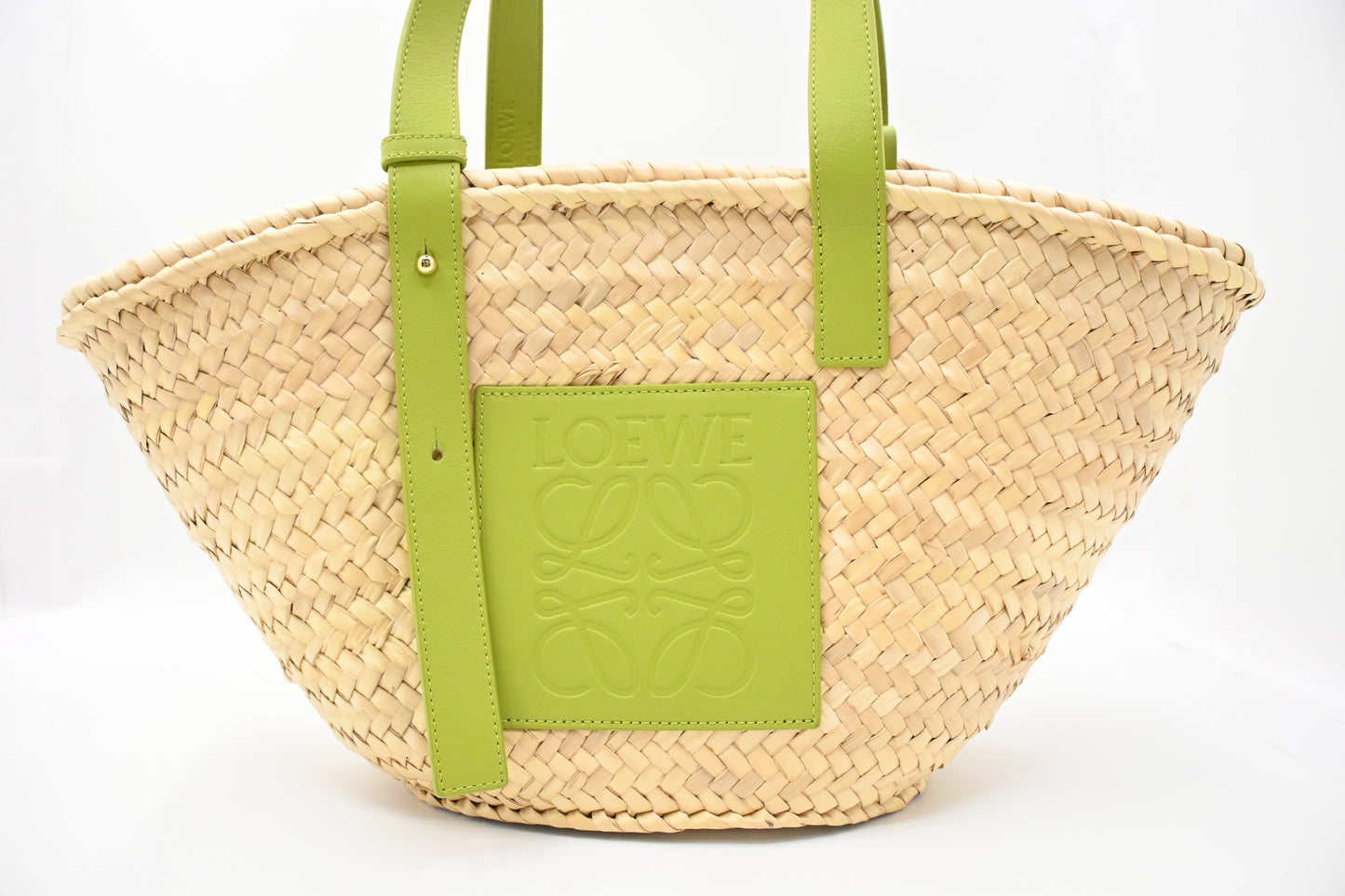 Loewe Basket Bag in Raffia and Green Calfskin