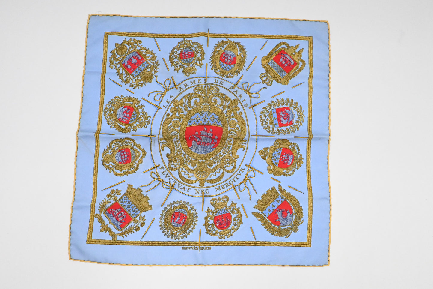 Hermes "Armes De Paris" Carre 45 in Blue Silk