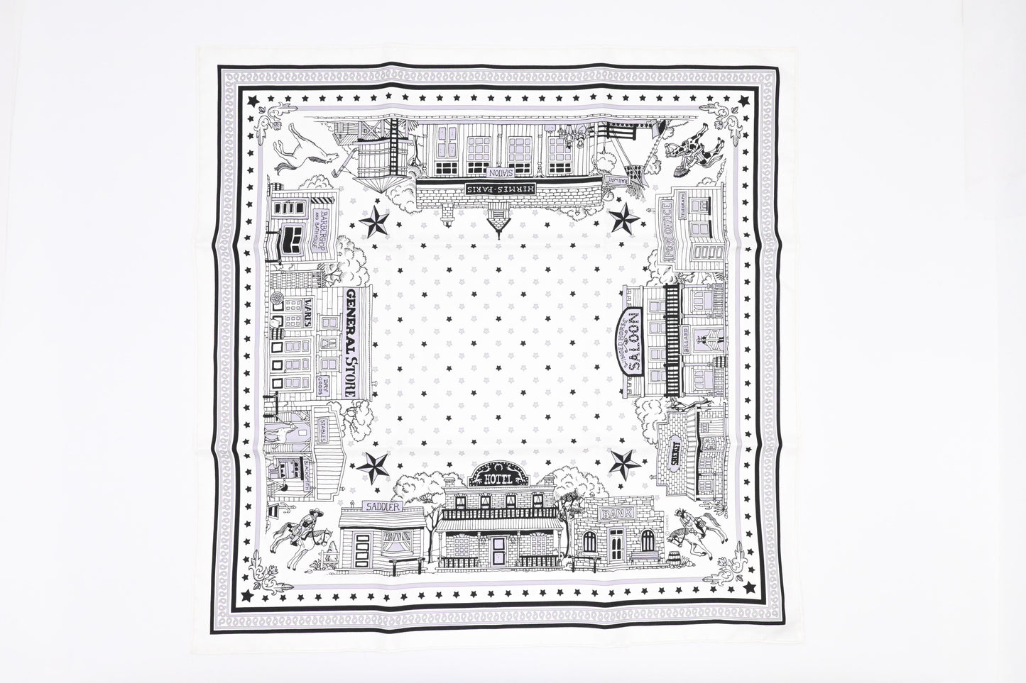 Hermes 'Paris Station' Carre 55 in White and Black Silk