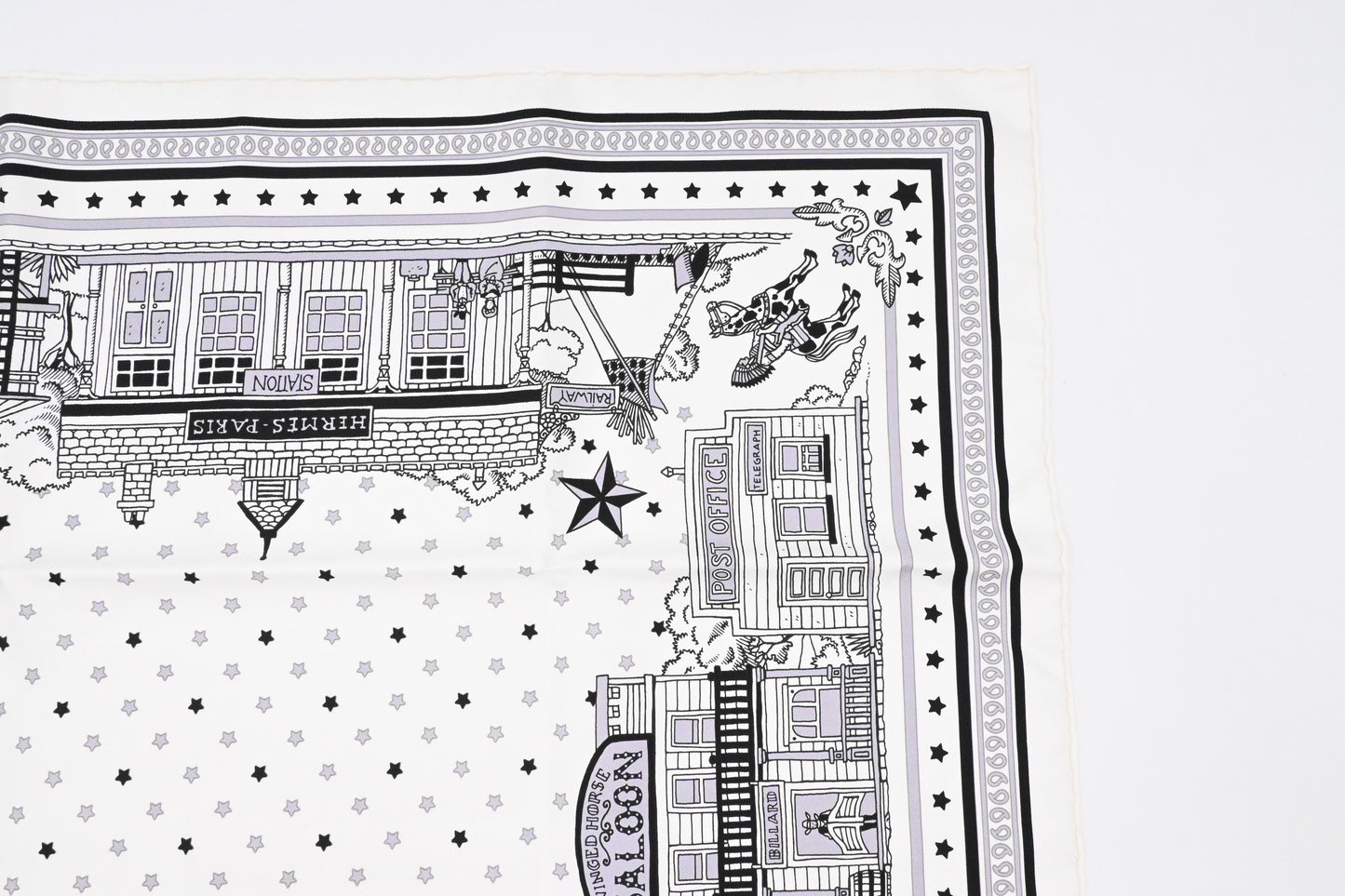 Hermes 'Paris Station' Carre 55 in White and Black Silk