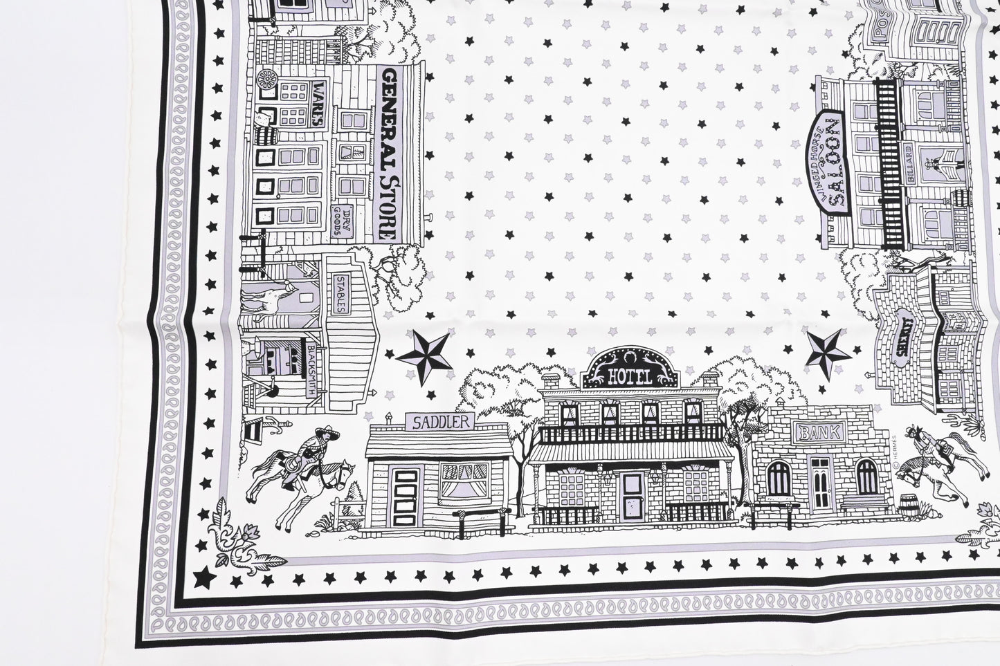 Hermes 'Paris Station' Carre 55 in White and Black Silk