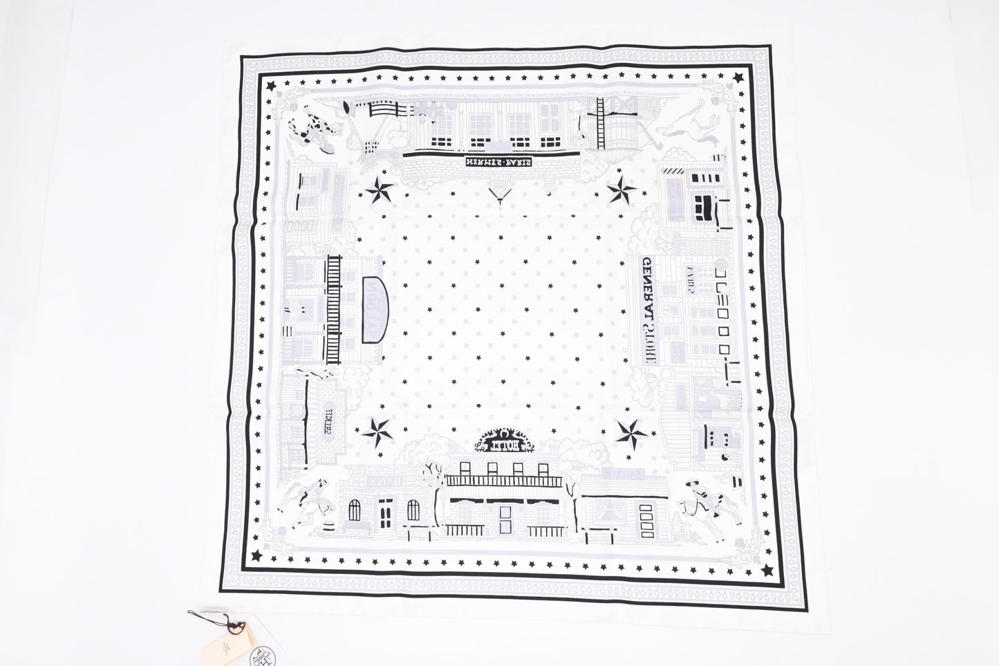 Hermes 'Paris Station' Carre 55 in White and Black Silk