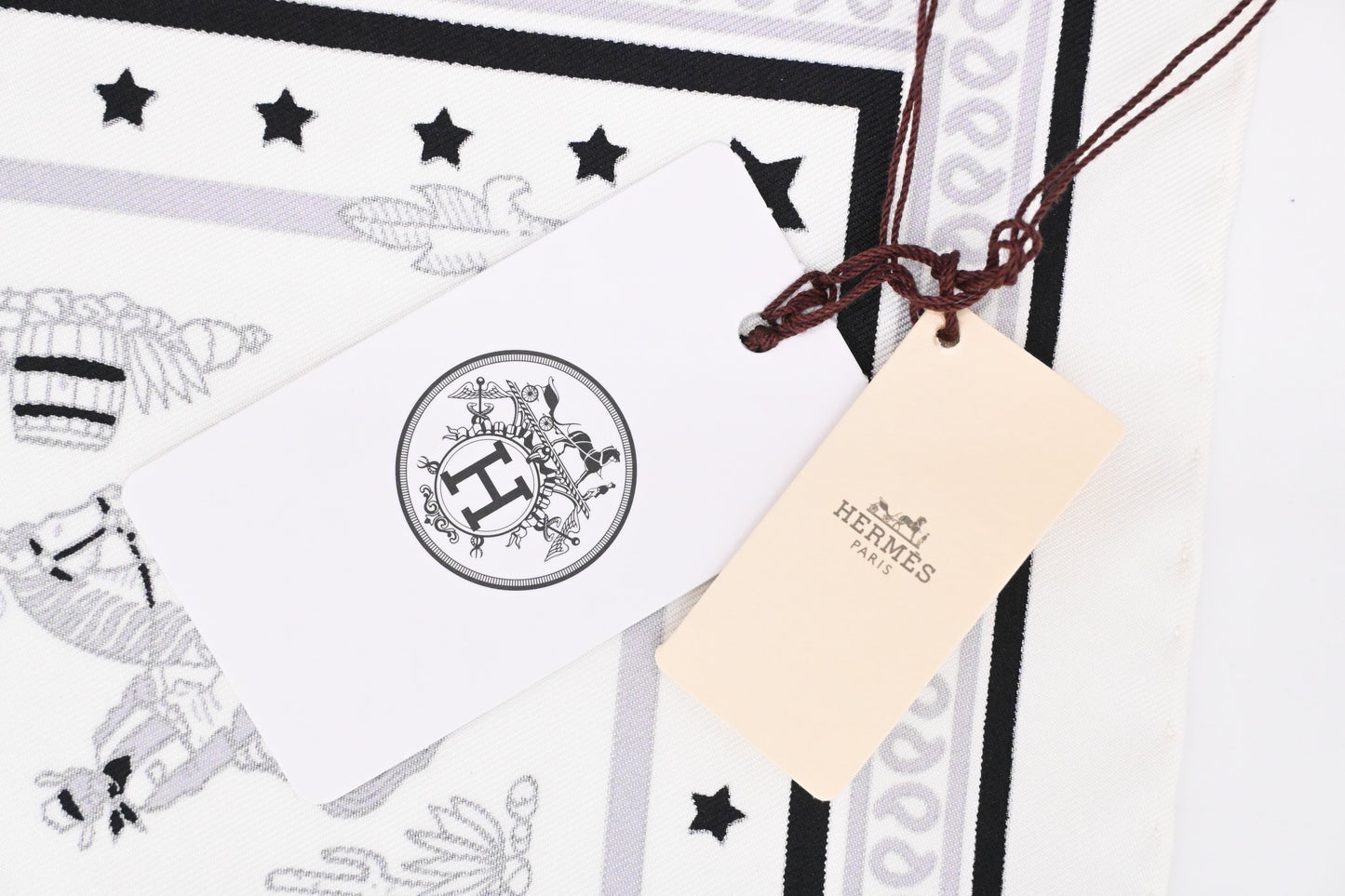 Hermes 'Paris Station' Carre 55 in White and Black Silk