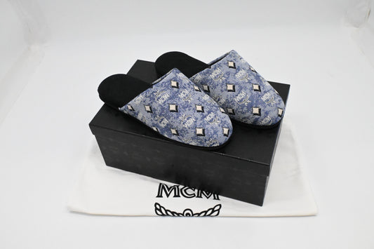 MCM Interior Slippers in Black and Blue Canvas