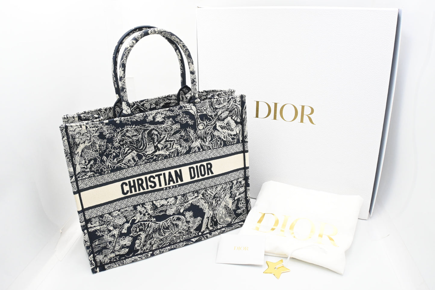 Dior Medium Book Tote in Navy Toile de Jouy Sauvage Embroidery