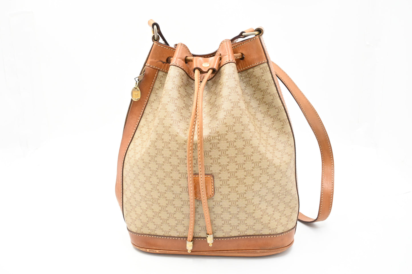 Celine Bucket Shoulder Bag in Beige Macadam Coated Canvas
