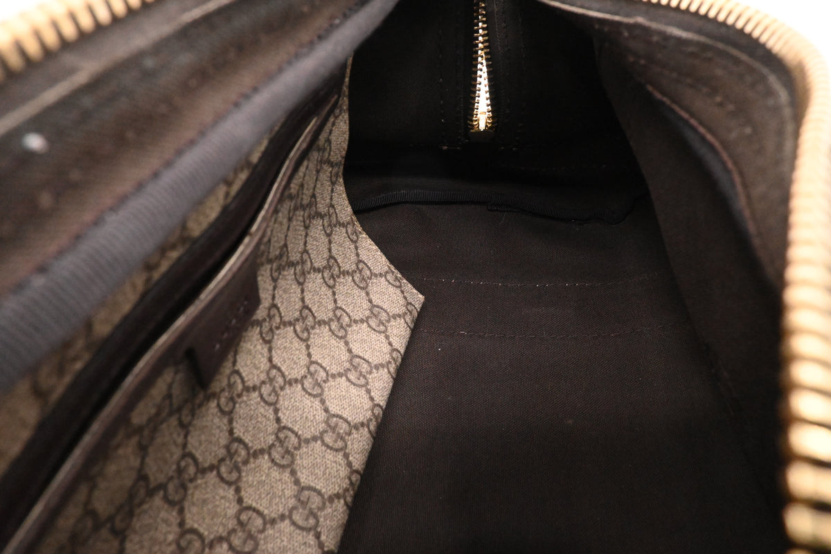 Gucci Boston Bag in GG Supreme Canvas and Brown Patent Leather