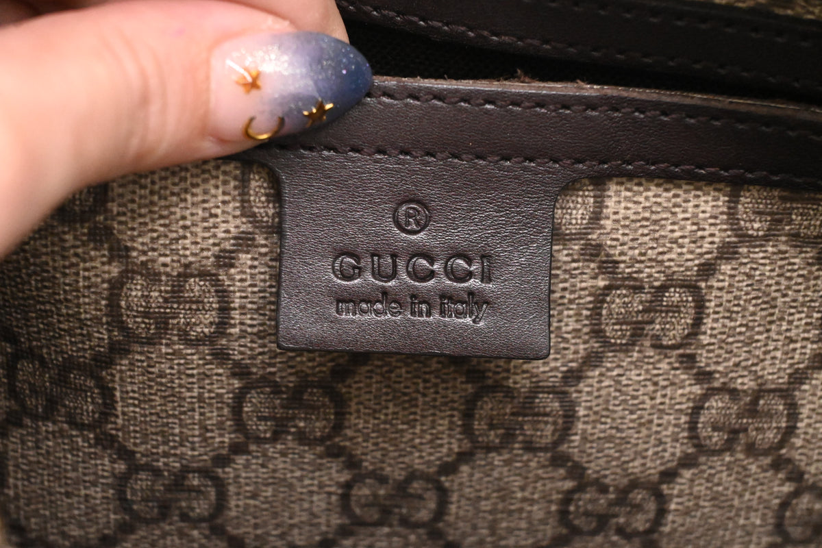 Gucci Boston Bag in GG Supreme Canvas and Brown Patent Leather