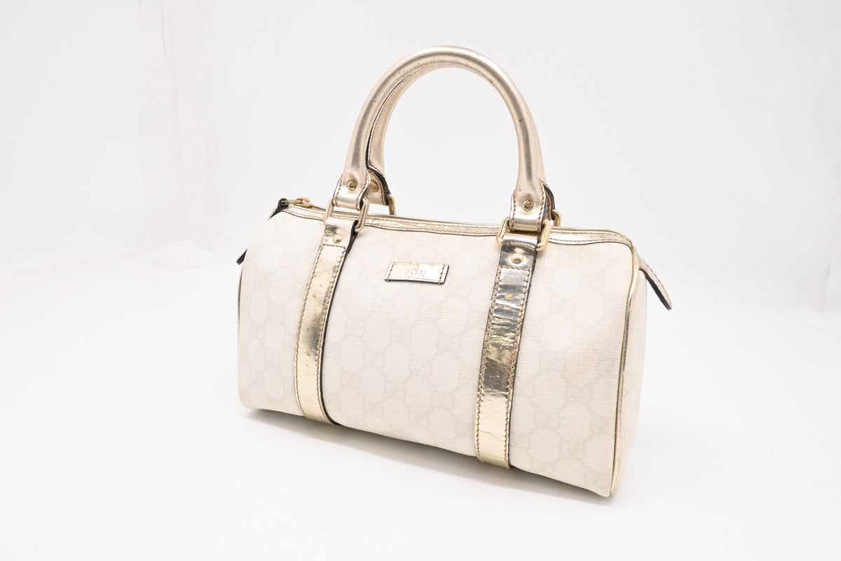 Gucci Mini Boston Bag in White GG Canvas and Gold Leather