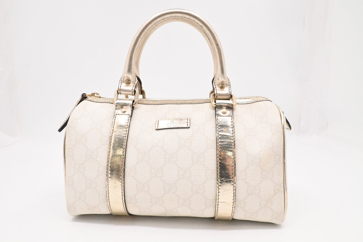 Gucci Mini Boston Bag in White GG Canvas and Gold Leather
