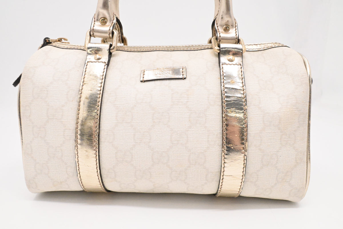 Gucci Mini Boston Bag in White GG Canvas and Gold Leather