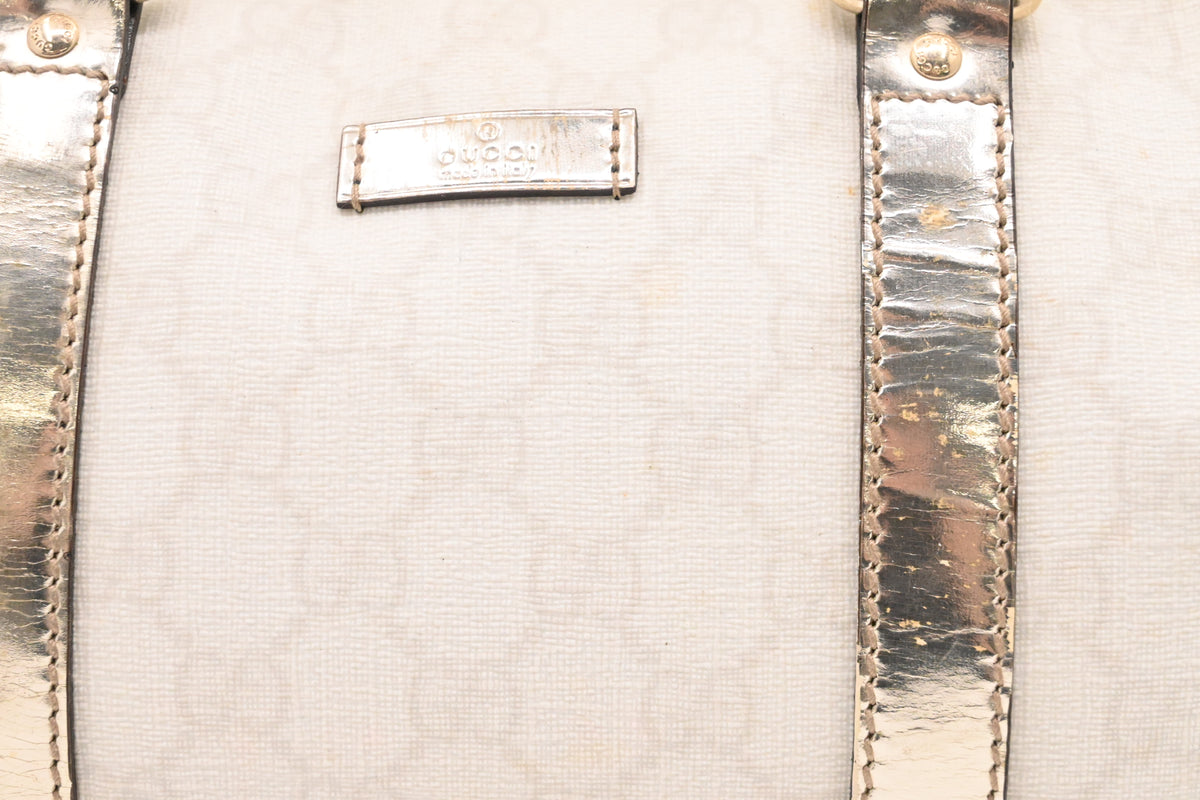 Gucci Mini Boston Bag in White GG Canvas and Gold Leather