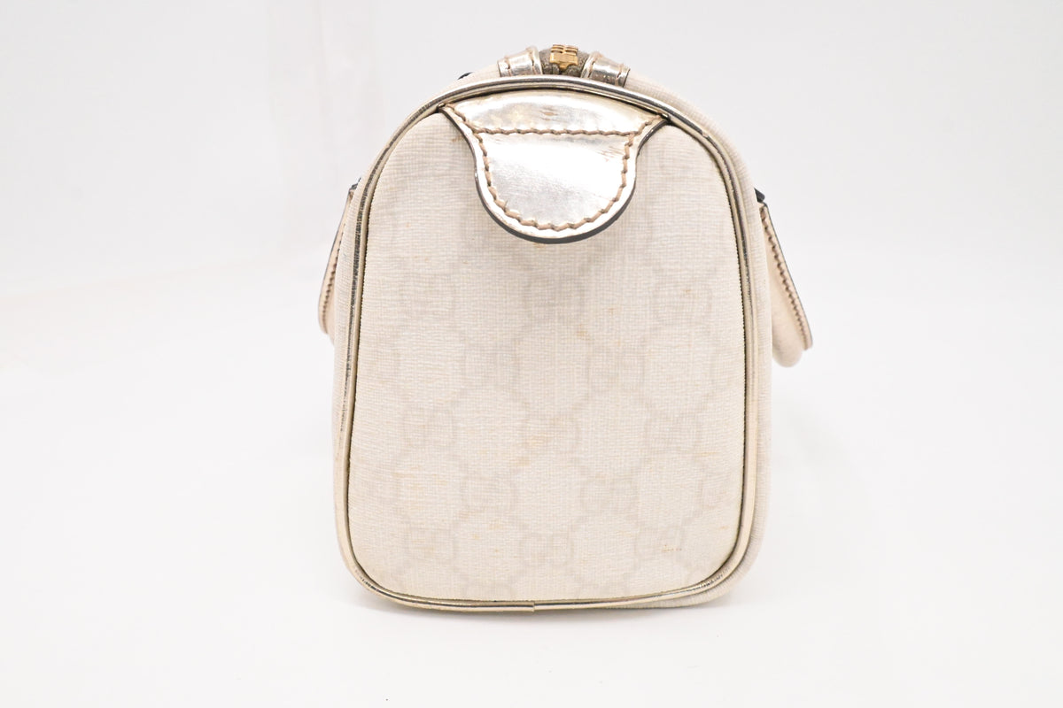 Gucci Mini Boston Bag in White GG Canvas and Gold Leather