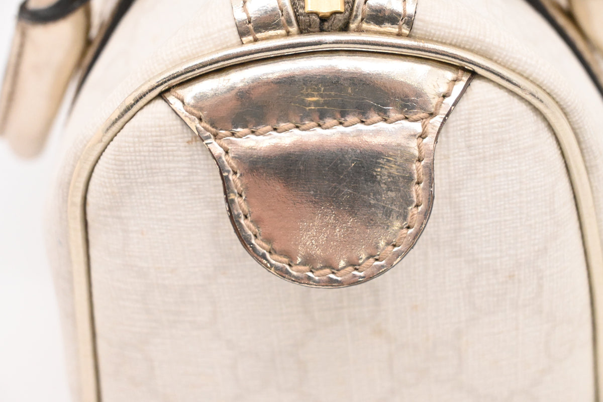 Gucci Mini Boston Bag in White GG Canvas and Gold Leather