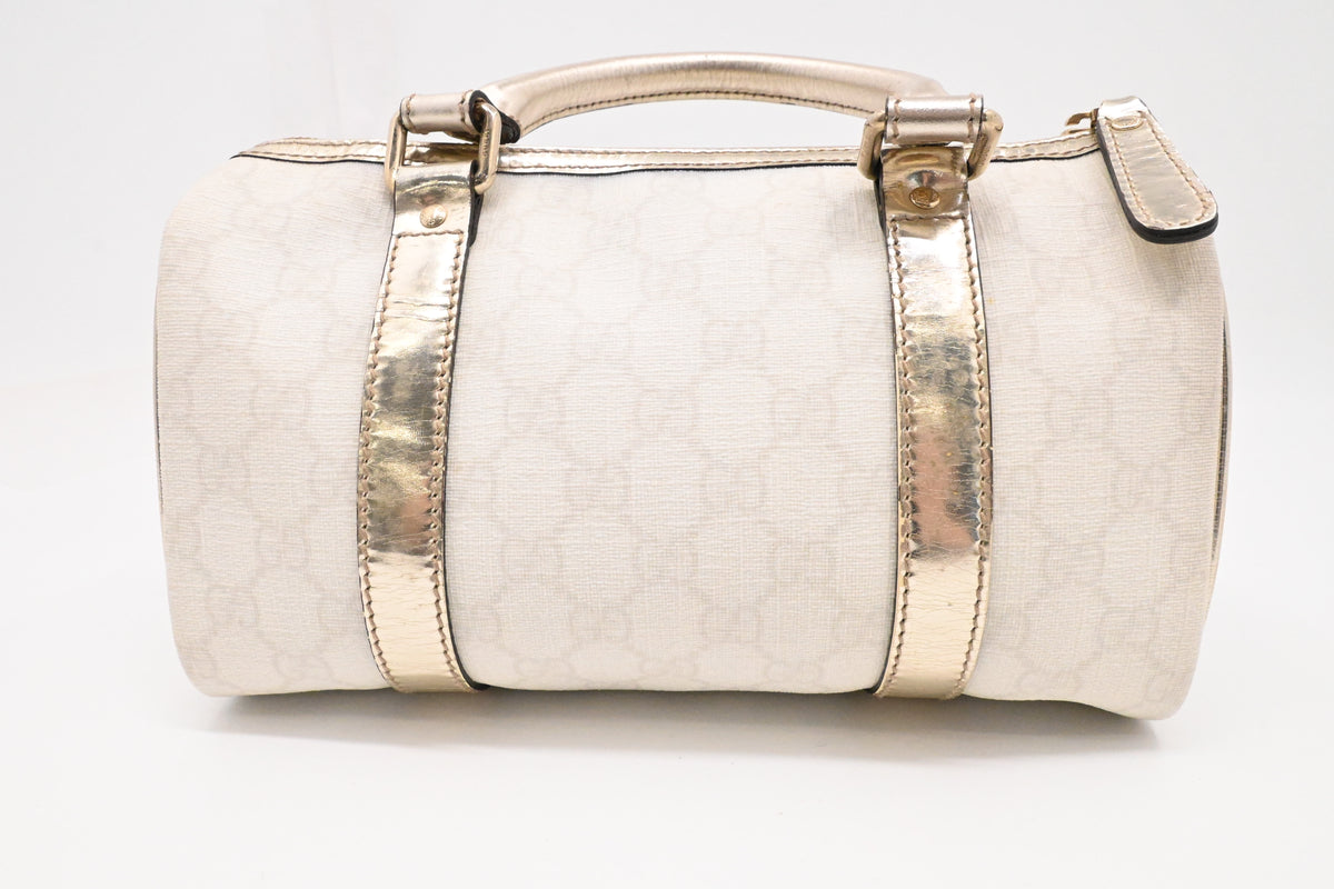 Gucci Mini Boston Bag in White GG Canvas and Gold Leather