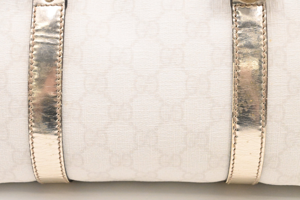 Gucci Mini Boston Bag in White GG Canvas and Gold Leather