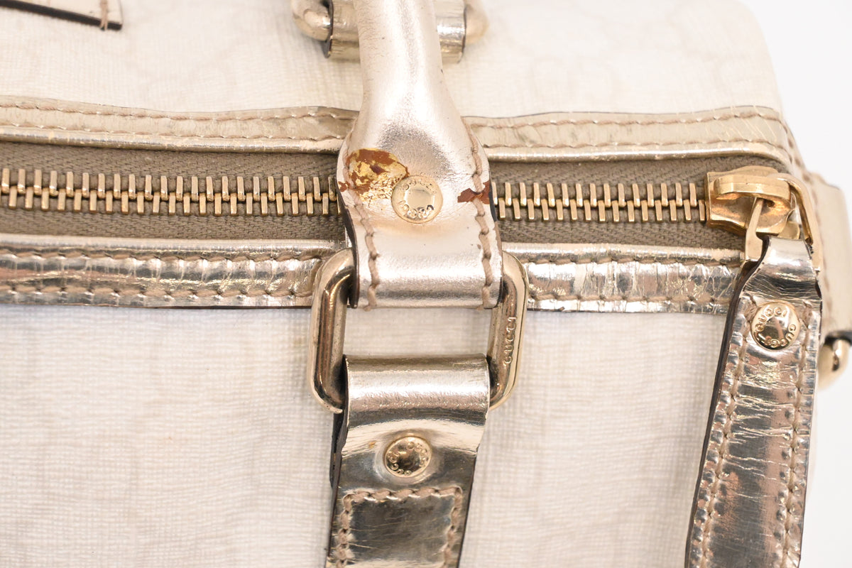 Gucci Mini Boston Bag in White GG Canvas and Gold Leather