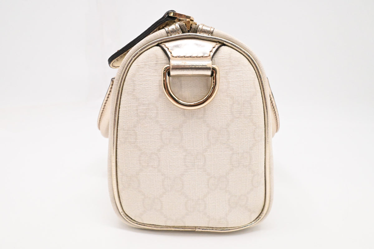 Gucci Mini Boston Bag in White GG Canvas and Gold Leather