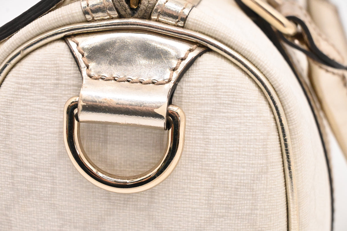 Gucci Mini Boston Bag in White GG Canvas and Gold Leather