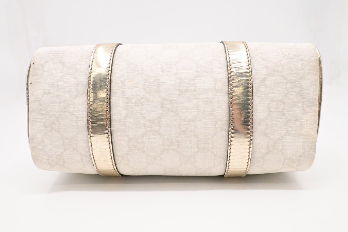 Gucci Mini Boston Bag in White GG Canvas and Gold Leather