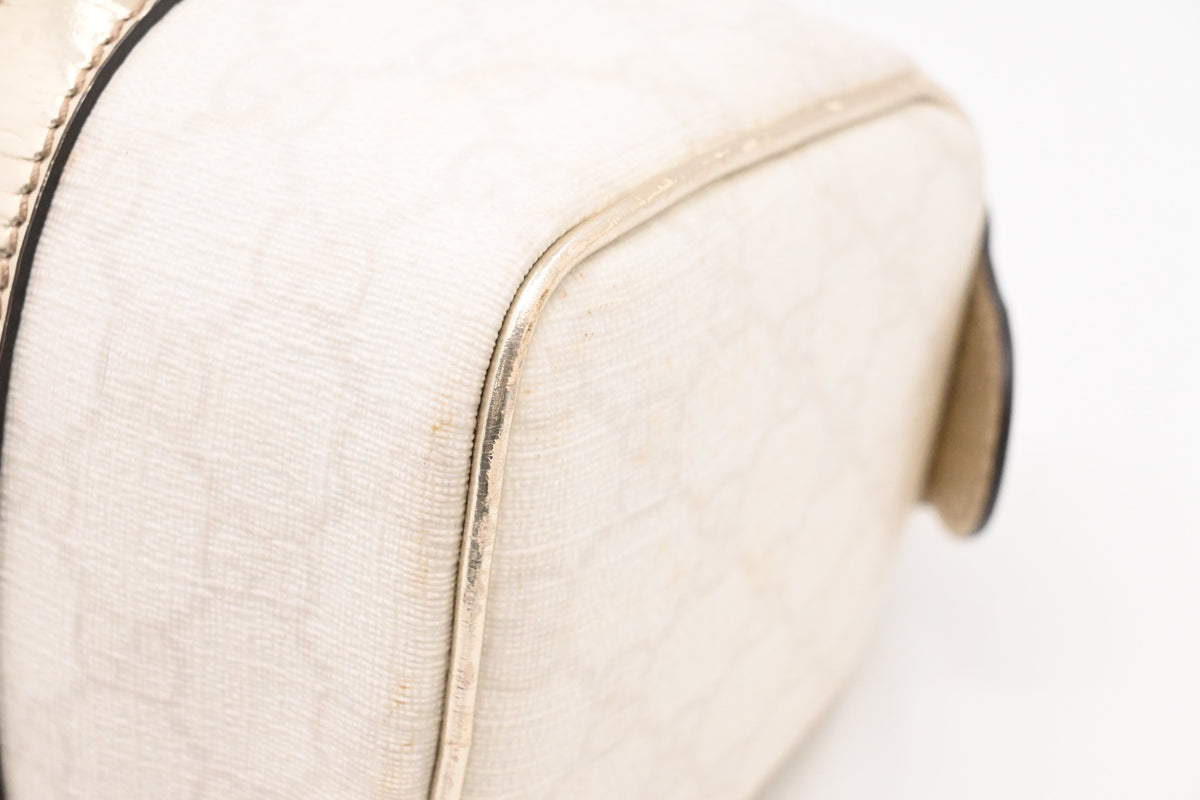Gucci Mini Boston Bag in White GG Canvas and Gold Leather