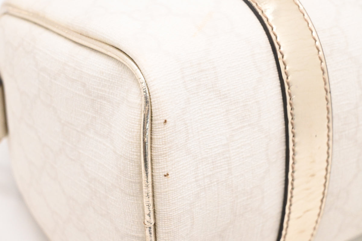 Gucci Mini Boston Bag in White GG Canvas and Gold Leather