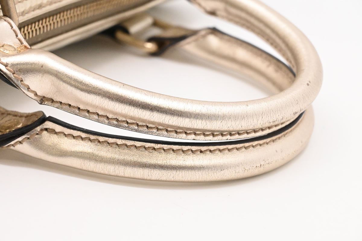 Gucci Mini Boston Bag in White GG Canvas and Gold Leather