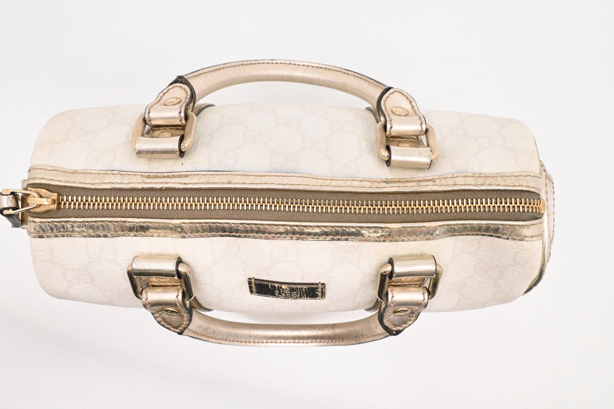 Gucci Mini Boston Bag in White GG Canvas and Gold Leather