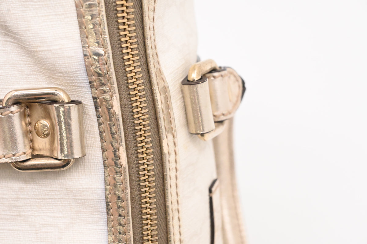 Gucci Mini Boston Bag in White GG Canvas and Gold Leather