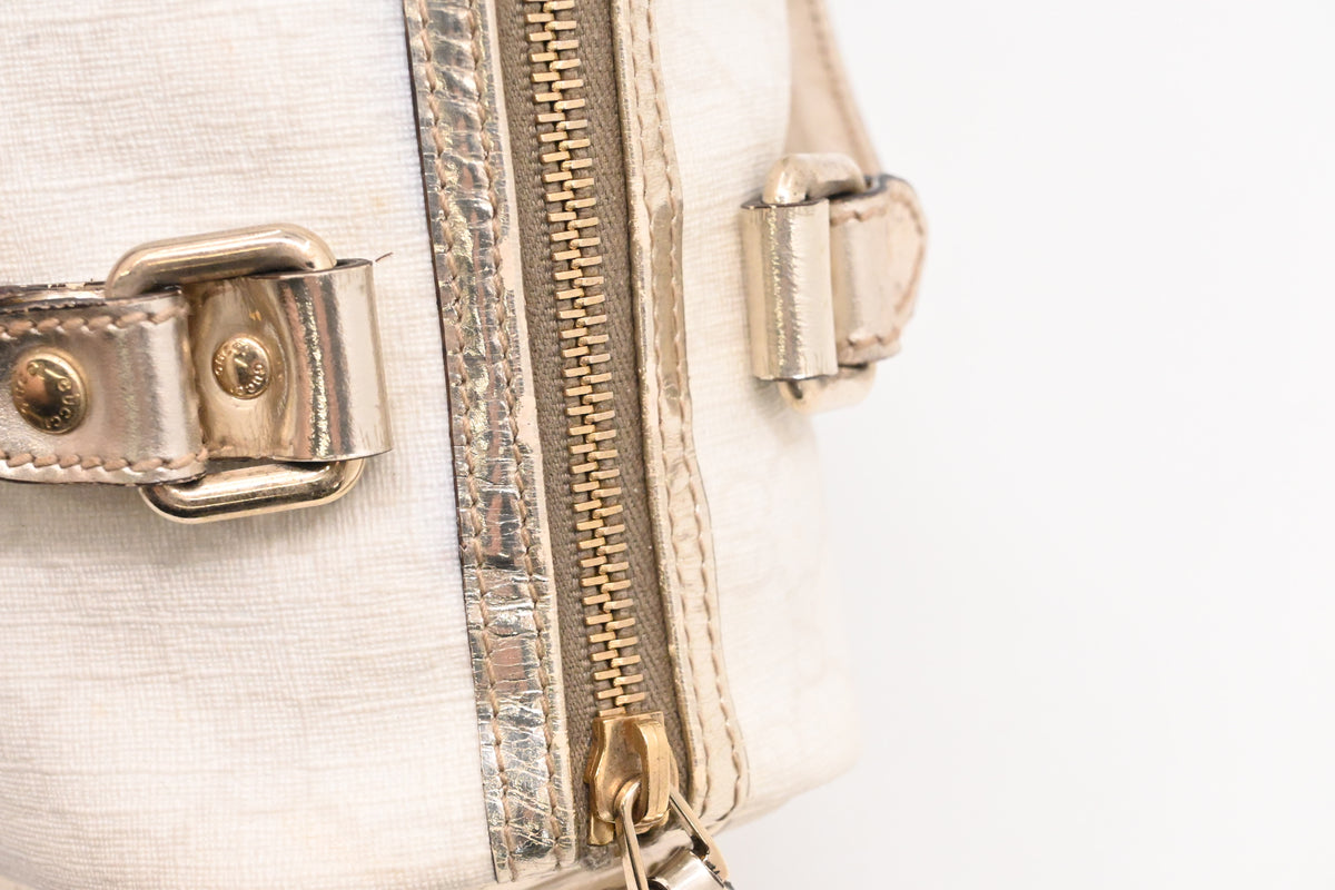 Gucci Mini Boston Bag in White GG Canvas and Gold Leather