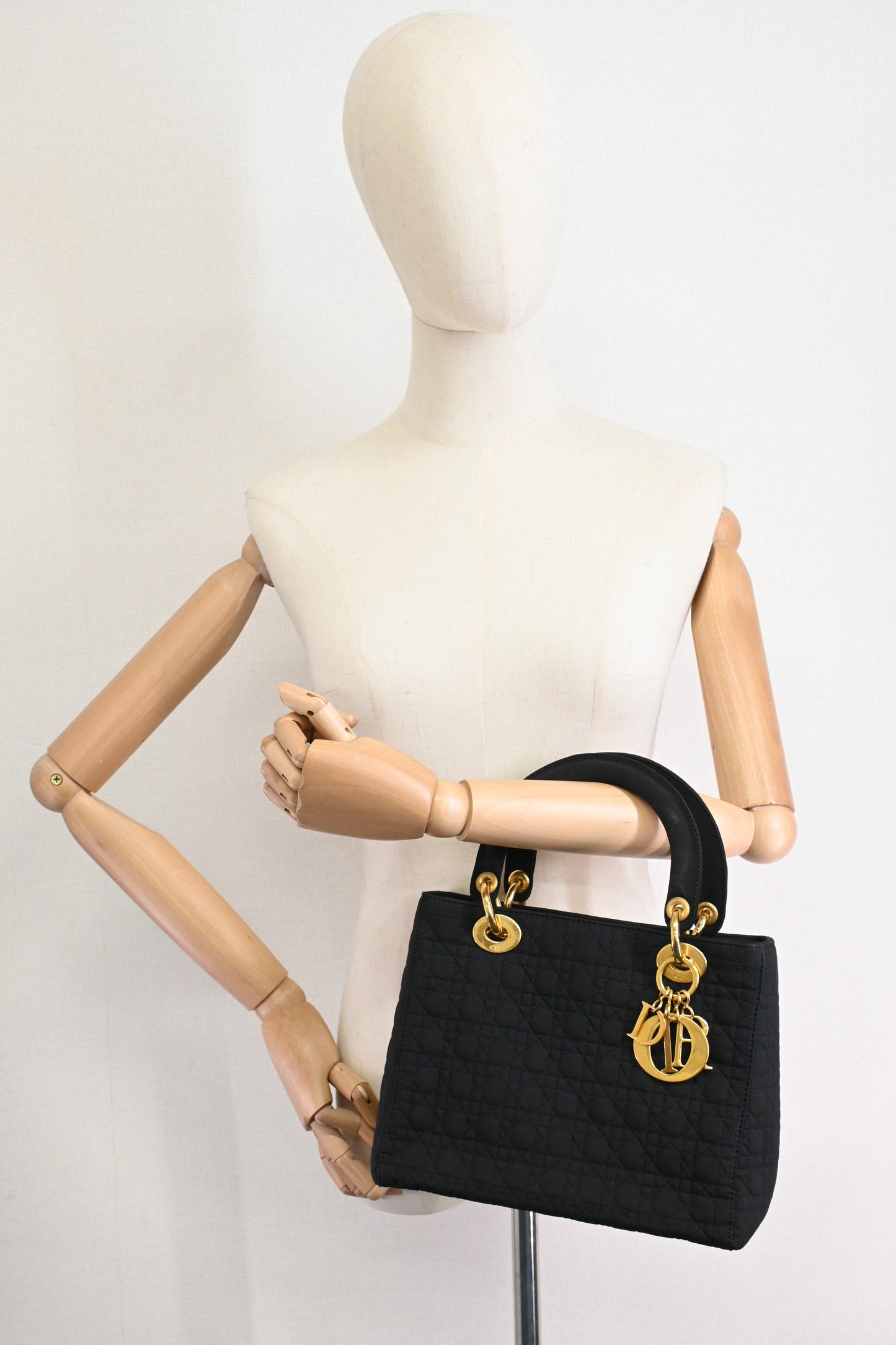 Dior Small Lady Dior in Black Cannage Nylon Canvas