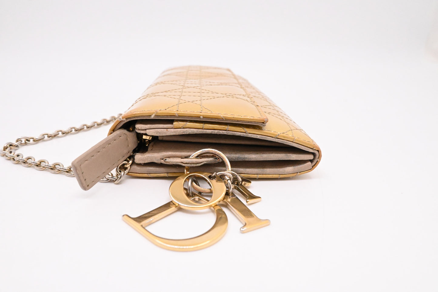 Dior Wallet on Chain in Light Gold Patent Cannage Leather