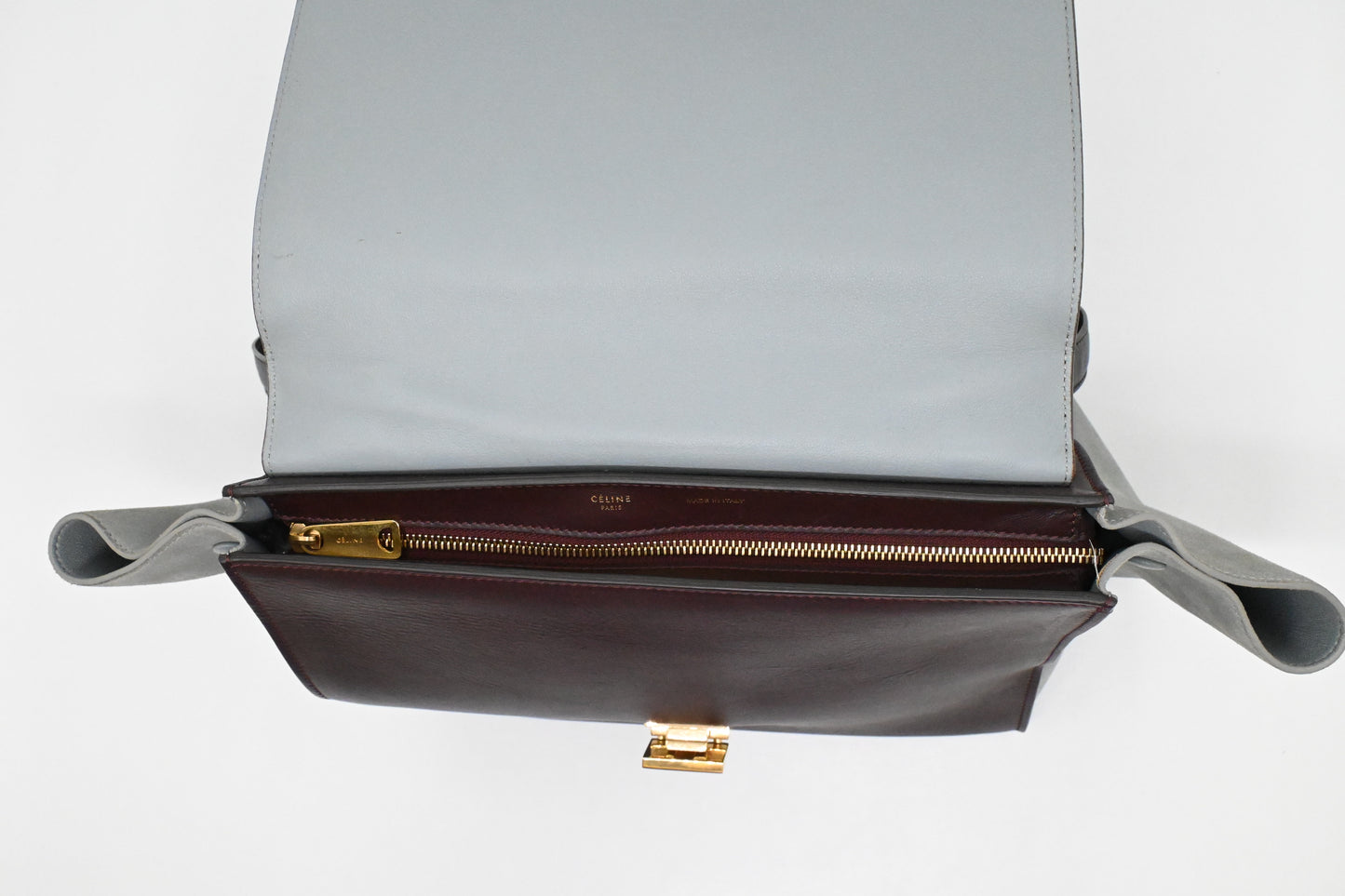 Celine Trapeze in Light Blue, Bordeaux, and Brown Leather