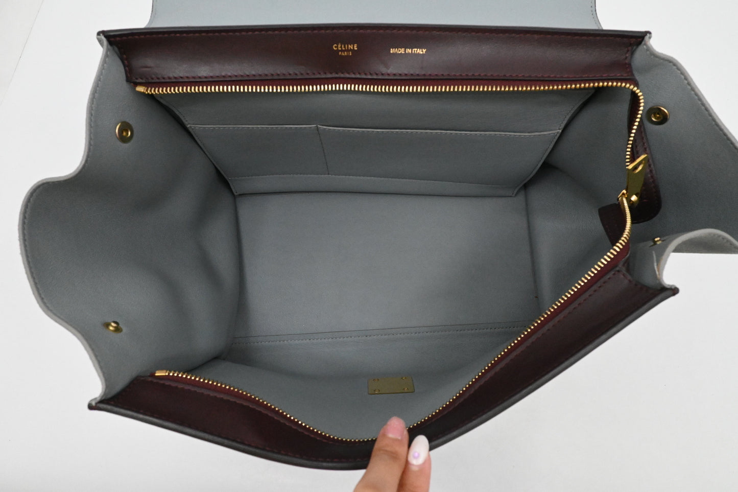 Celine Trapeze in Light Blue, Bordeaux, and Brown Leather