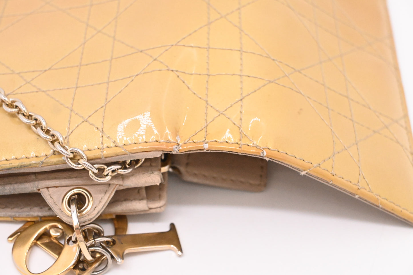 Dior Wallet on Chain in Light Gold Patent Cannage Leather