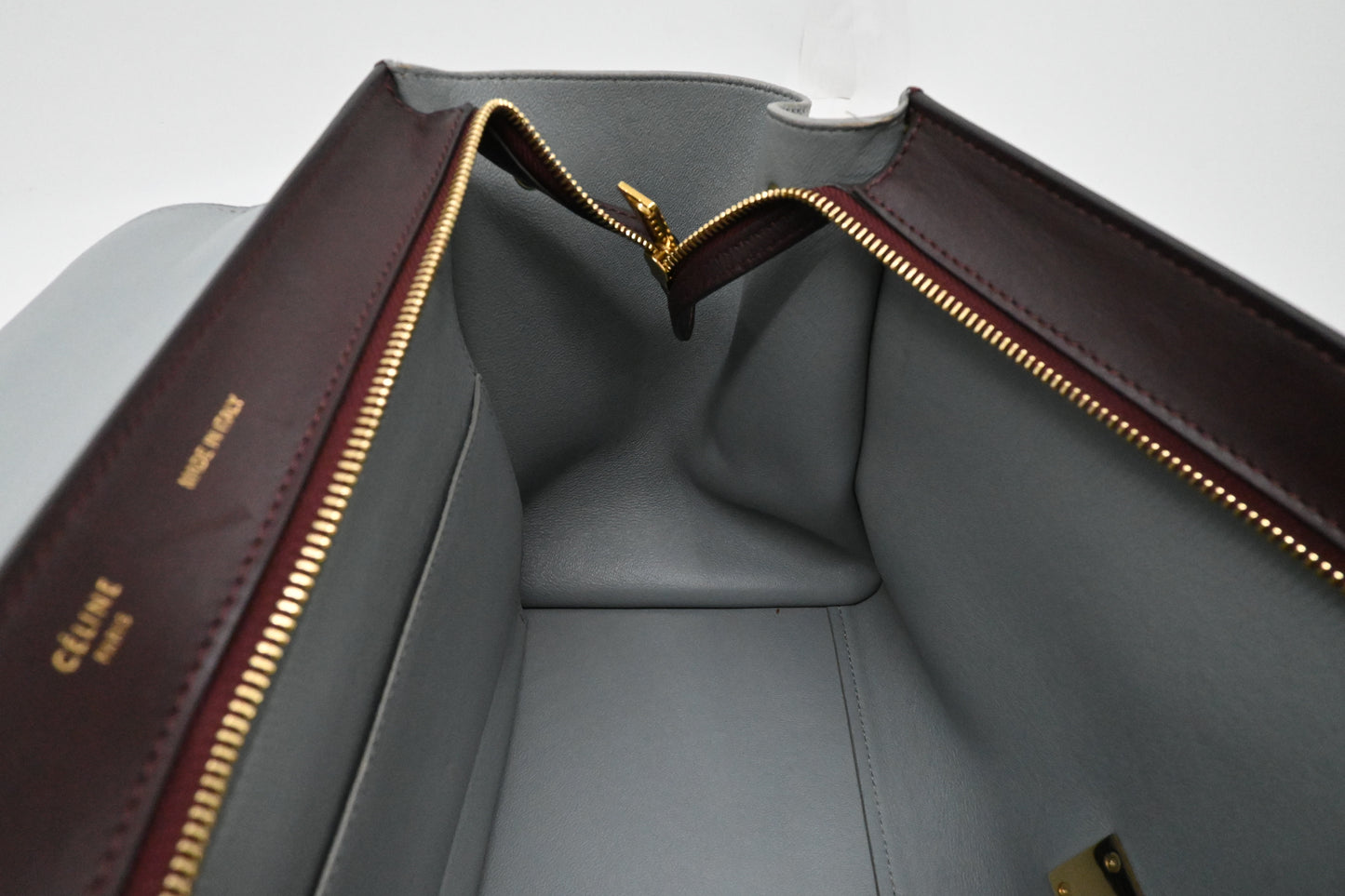 Celine Trapeze in Light Blue, Bordeaux, and Brown Leather