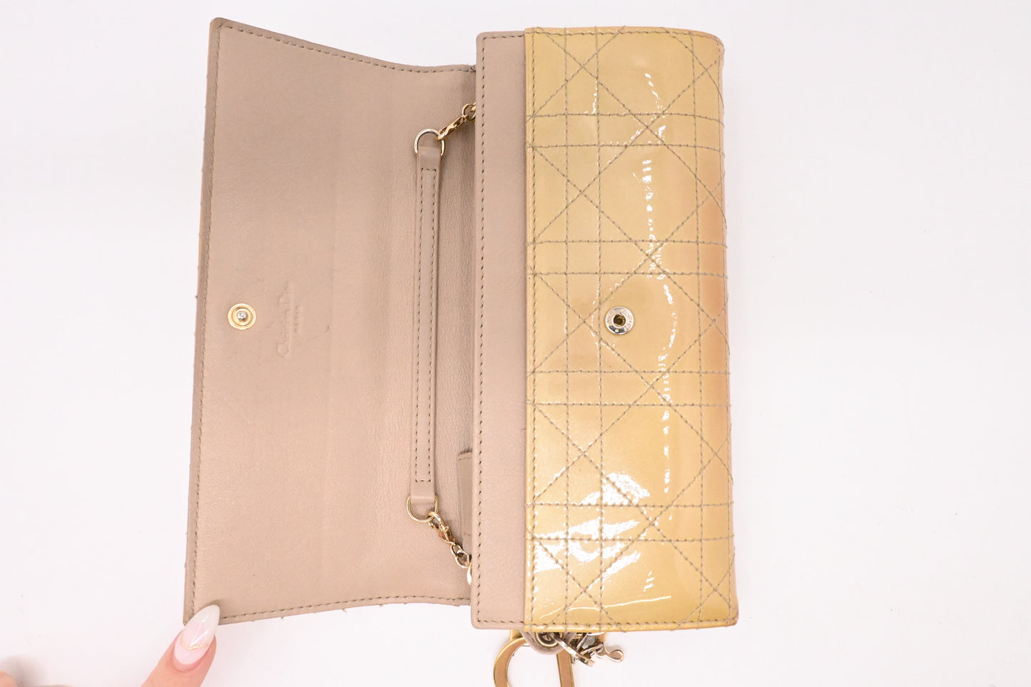 Dior Wallet on Chain in Light Gold Patent Cannage Leather