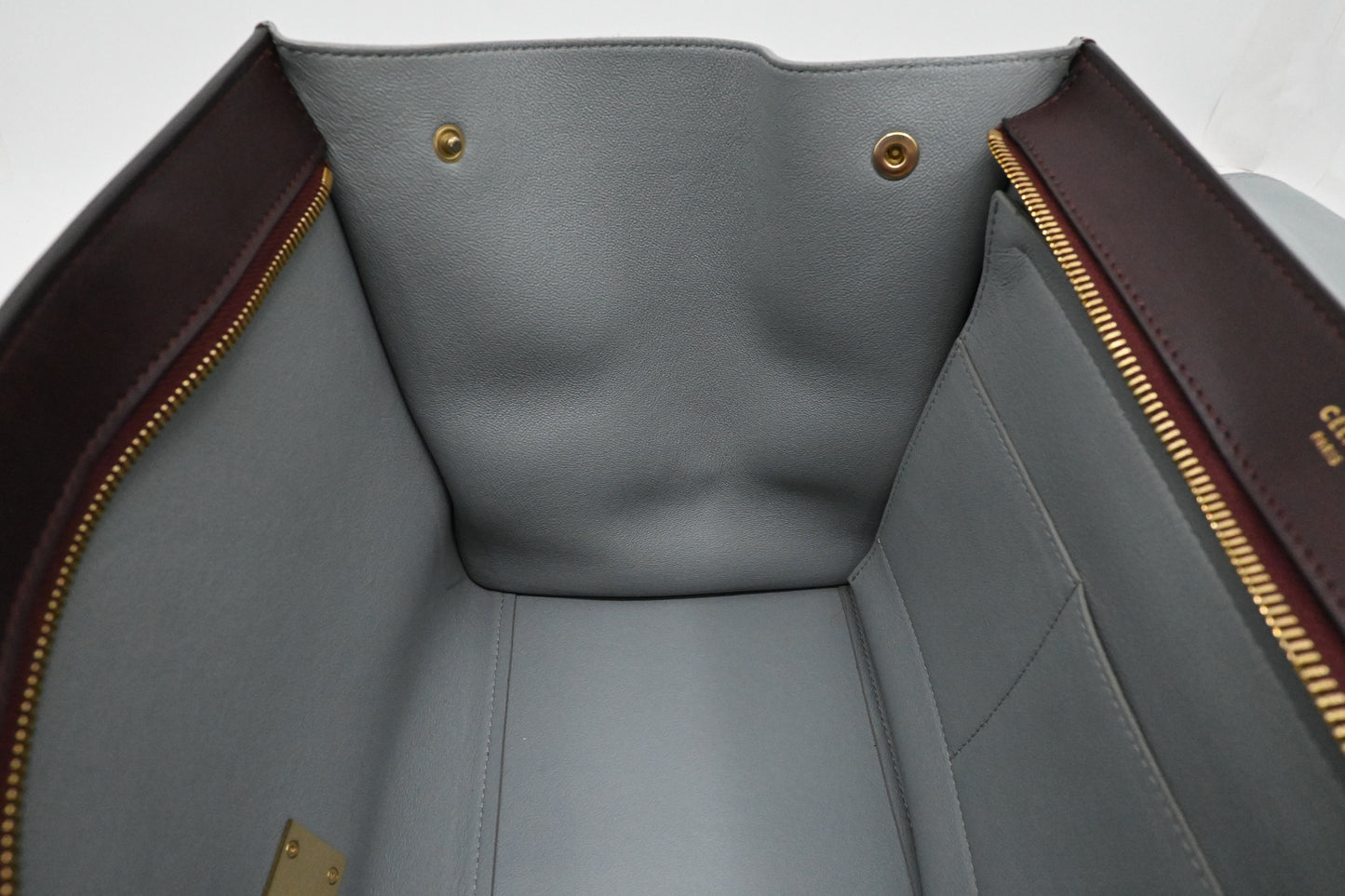 Celine Trapeze in Light Blue, Bordeaux, and Brown Leather