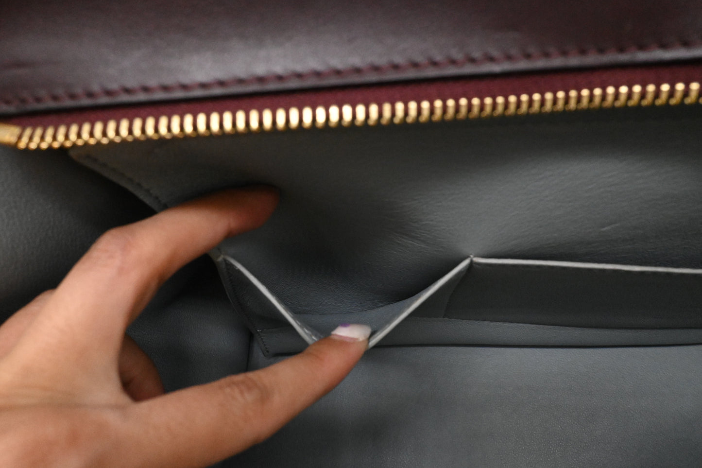 Celine Trapeze in Light Blue, Bordeaux, and Brown Leather