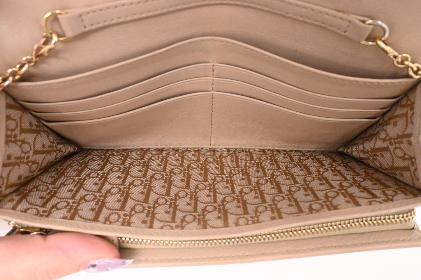 Dior Wallet on Chain in Light Gold Patent Cannage Leather