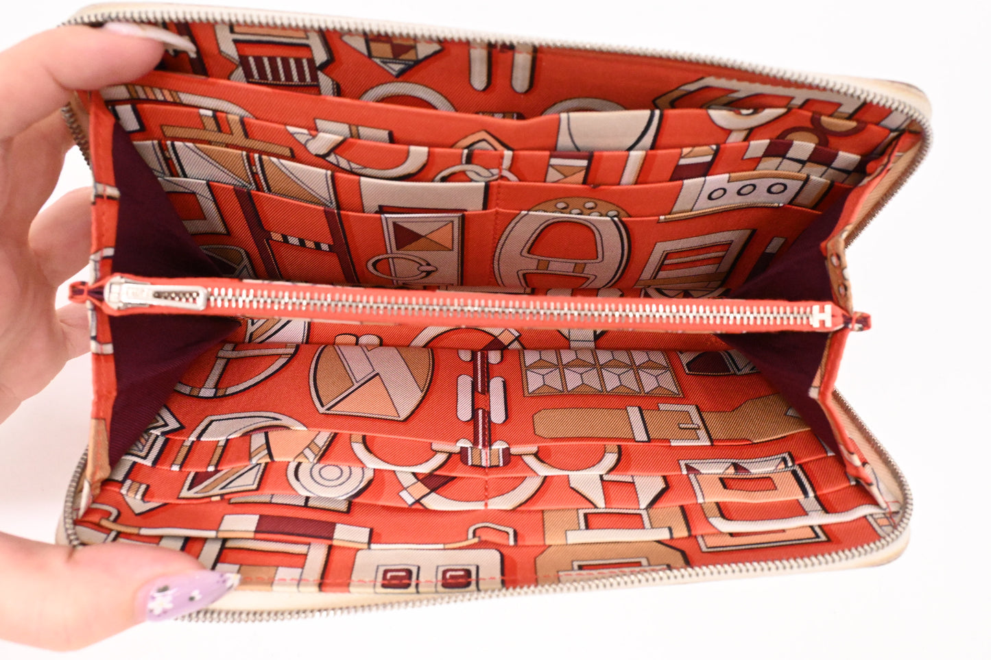Hermes Long Azap Wallet in Cream Leather and Silk Interior Lining