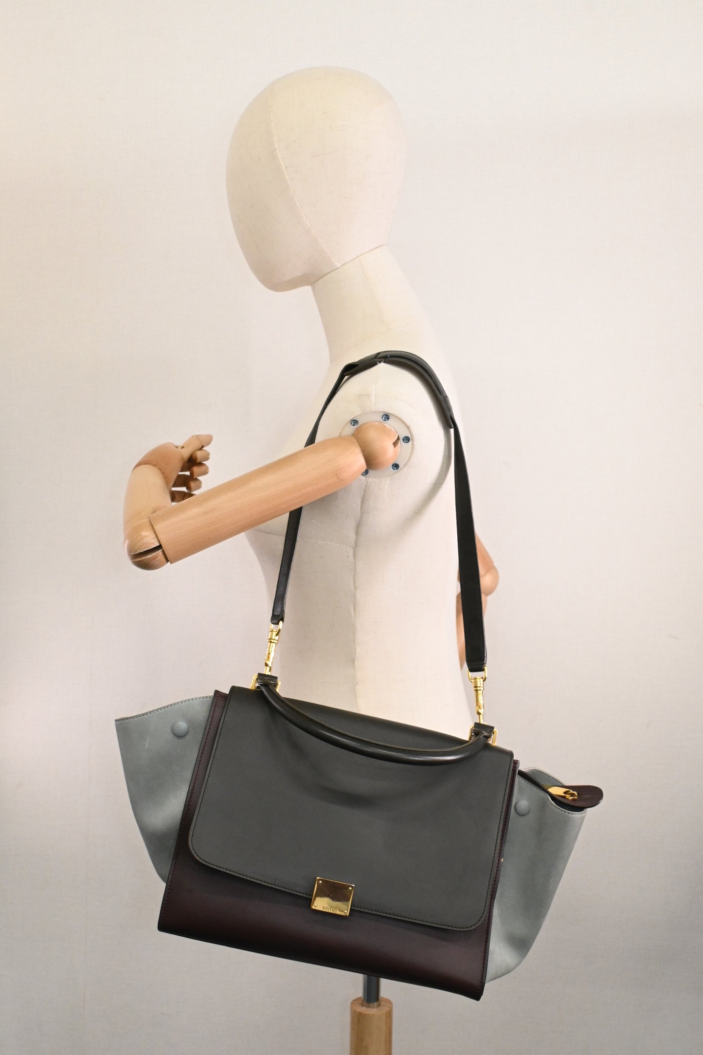 Celine Trapeze in Light Blue, Bordeaux, and Brown Leather