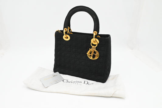 Dior Small Lady Dior in Black Cannage Nylon Canvas