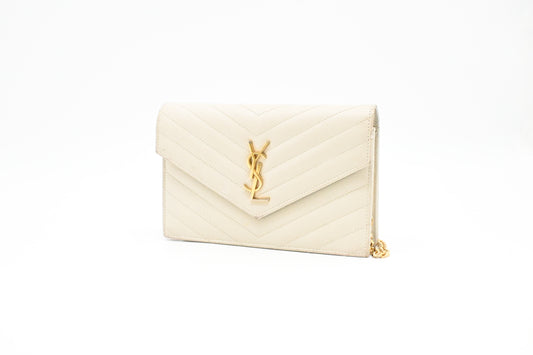 YSL Saint Laurent Cassandra Clutch on Chain in White Grain de Poudre Leather