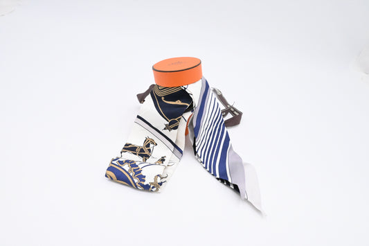 Hermes 'Ex Libris' Twilly in White and Blue Silk