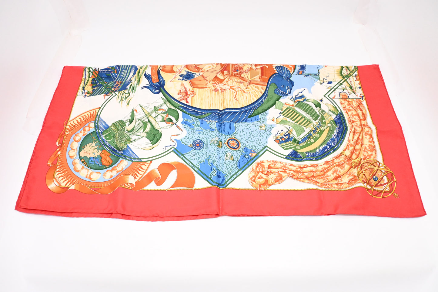 Hermes 'Au Delà des Cinq Mers' Carre 90 in Red Silk