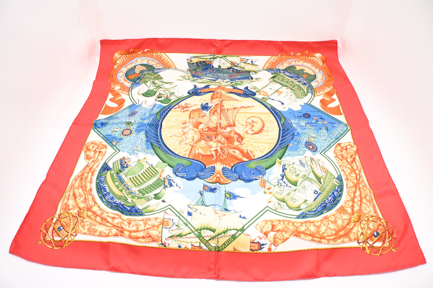 Hermes 'Au Delà des Cinq Mers' Carre 90 in Red Silk